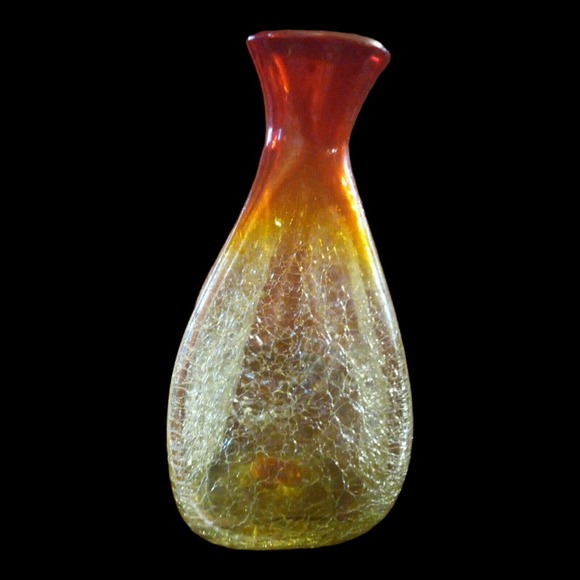 BLENKO GLASS VASE AMBERINA CRACKLE 4 SIDED PINCHED #533 MID CENTURY Tangerine - Picture 3 of 5